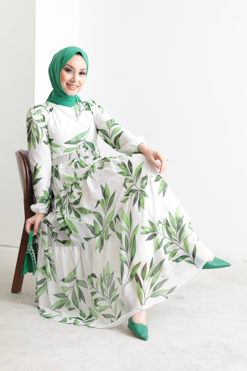 فستان شيفون مبطن راقي منقش برسومات الورقية الناعمة لون اخضر