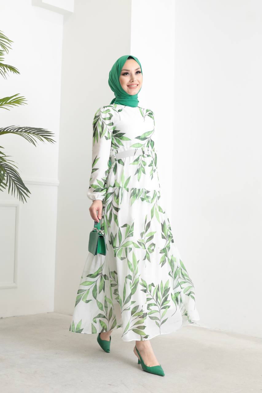 فستان شيفون مبطن راقي منقش برسومات الورقية الناعمة لون اخضر