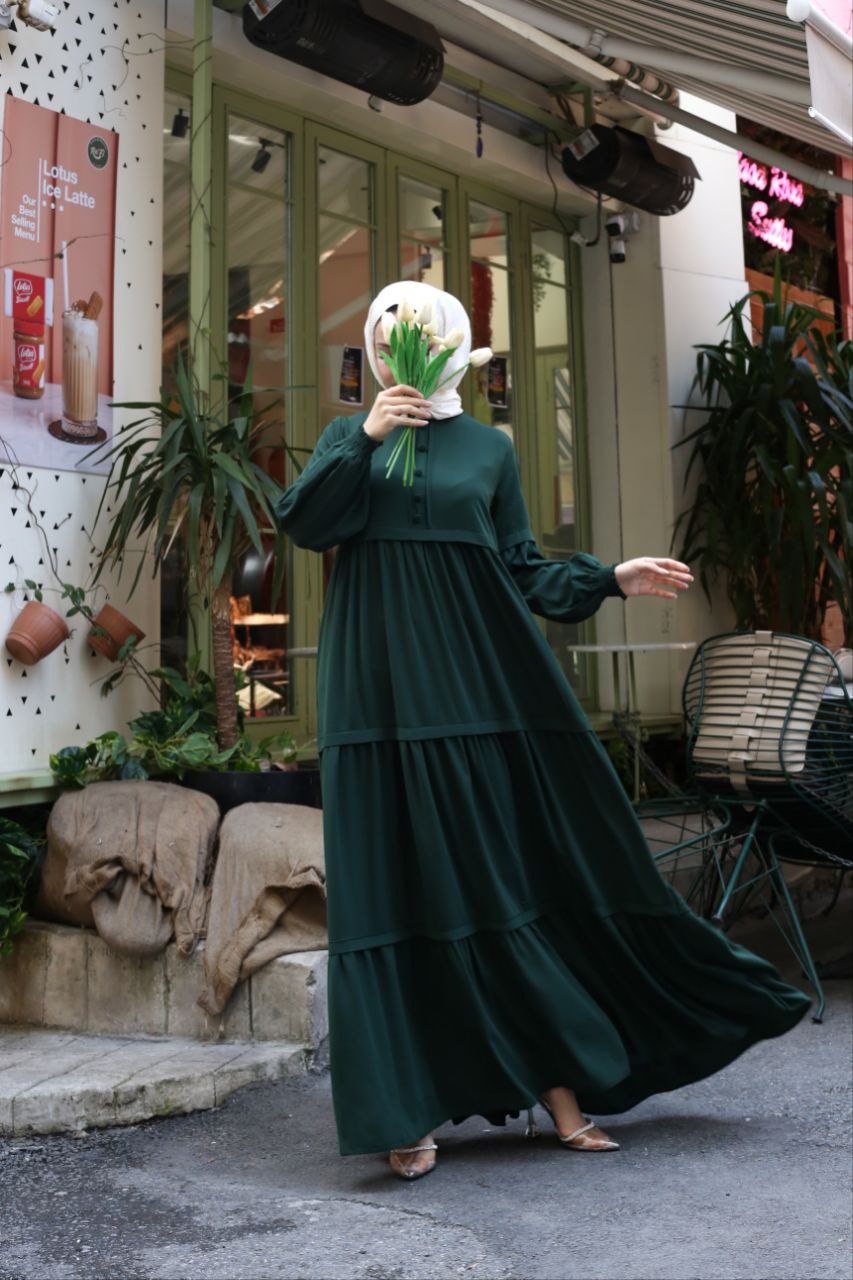 فستان كلوش ناعم نظام طبقات خفيف لون اخضر